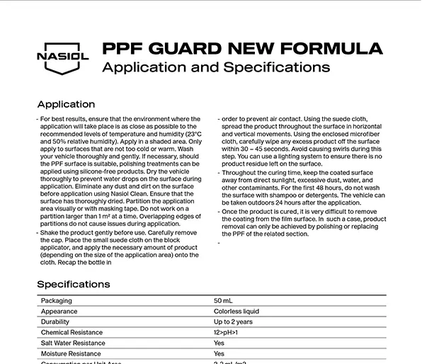 PPF GUARD APPLICATION AND SPECIFICATIONS