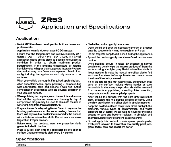 ZR53 COATING APPLICATION AND SPECIFICATIONS