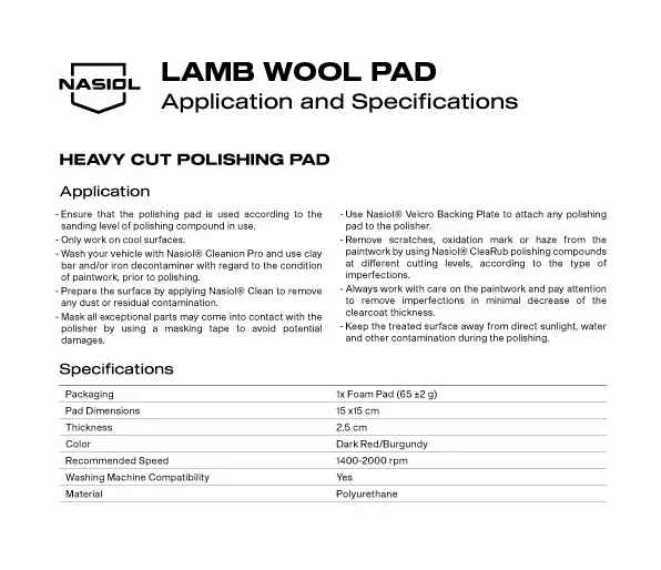 LAMB WOOL PAD APPLICATION AND  SPECIFICATIONS