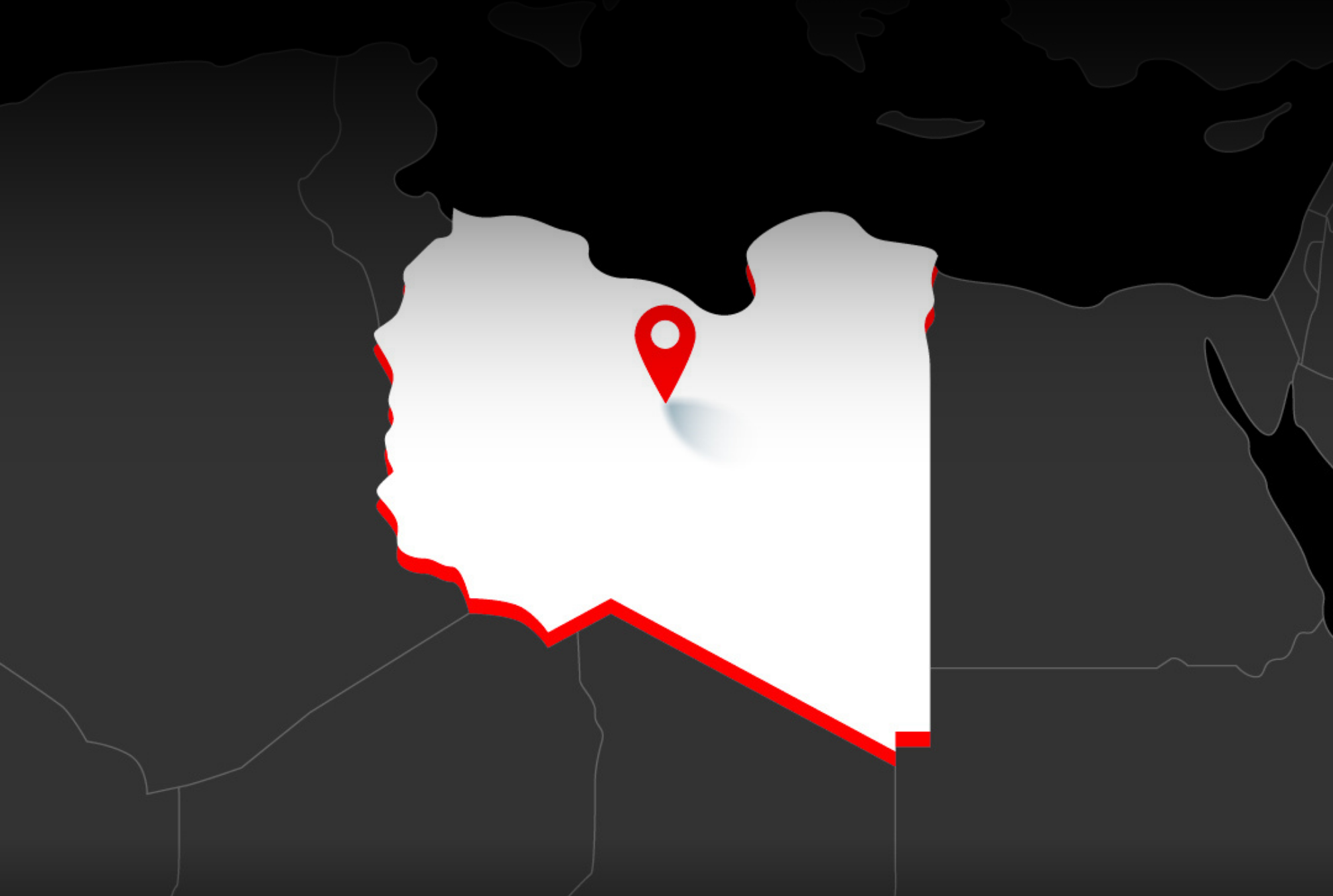 Highlighted white region on a dark map with a red location pin marking its center.