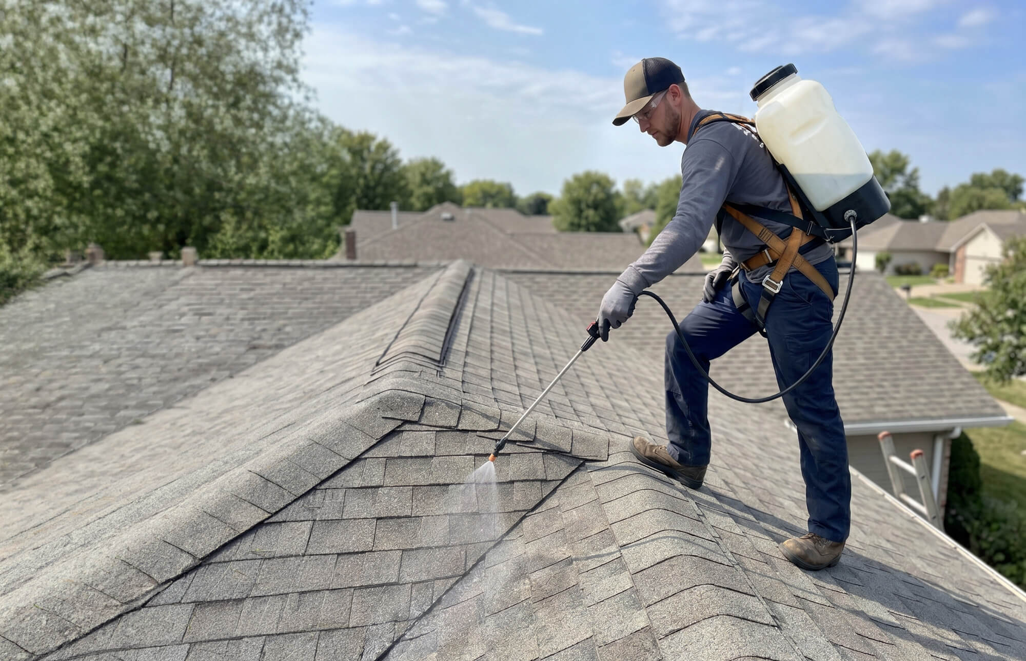 Worker on a pitched roof wearing a backpack sprayer, applying liquid to shingles.