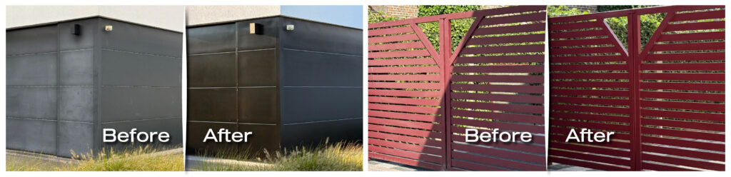 Collage showing exterior wall transformation: left panel before (light gray, paneled wall) and after (dark brown/bronze panels). Twice framed side-by-side imagery.