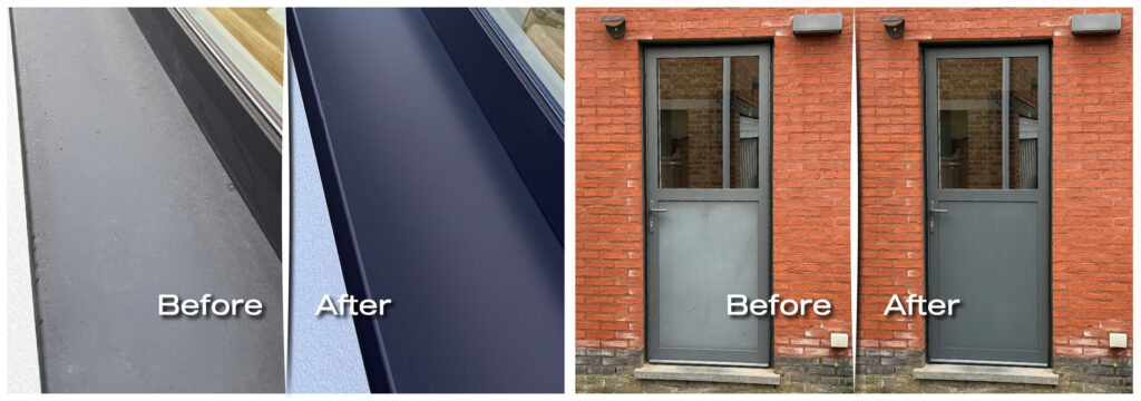 Split collage: left shows metal surface cleaned from dirty grey to smooth dark blue after; right shows brick doorway before vs after renovation.