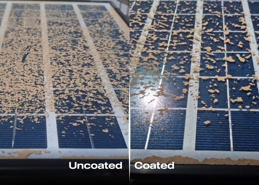 Side-by-side comparison of solar panels: left labeled 'Uncoated' with heavy brown debris, right labeled 'Coated' with less residue and cleaner panels