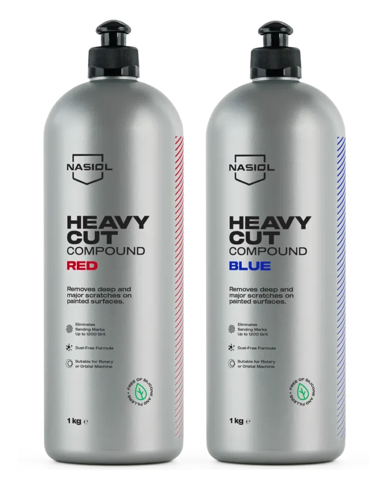 Two silver 1 kg bottles of Heavy Cut Compound labeled RED and BLUE for removing deep scratches on painted surfaces (red and blue variants).