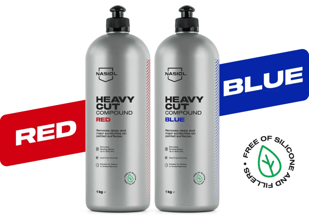 Two NASIOL Heavy Cut Compound bottles (Red and Blue) standing side by side against a background with red and blue color blocks.