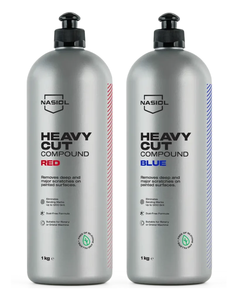 Two 1 kg NASIDOL Heavy Cut Compound bottles, red and blue variants, for removing deep scratches on painted surfaces.