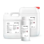 White plastic chemical containers with a red cap and printed labels, product named ANTI-GRM on the front panel (industrial packaging)