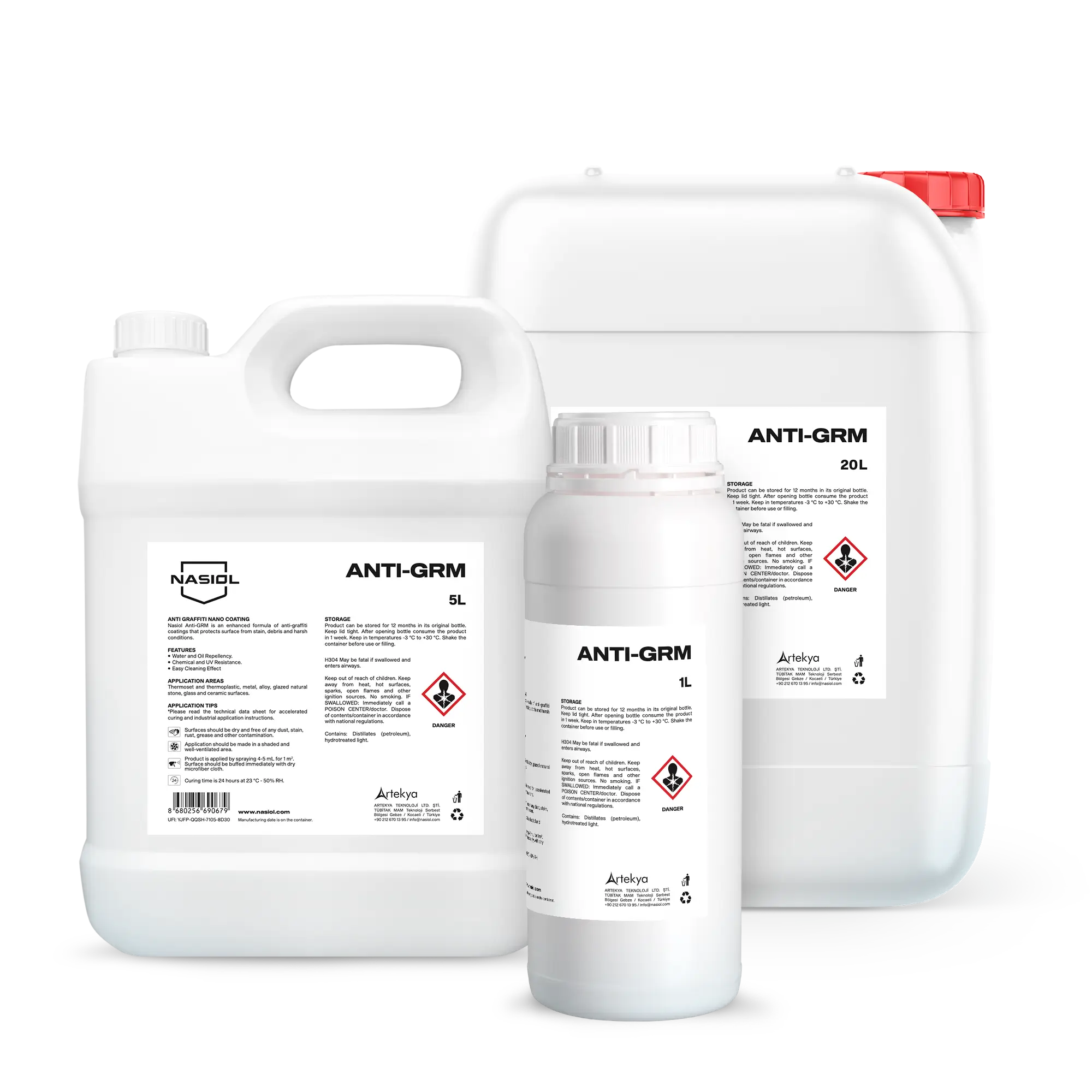 White plastic chemical containers with a red cap and printed labels, product named ANTI-GRM on the front panel (industrial packaging)