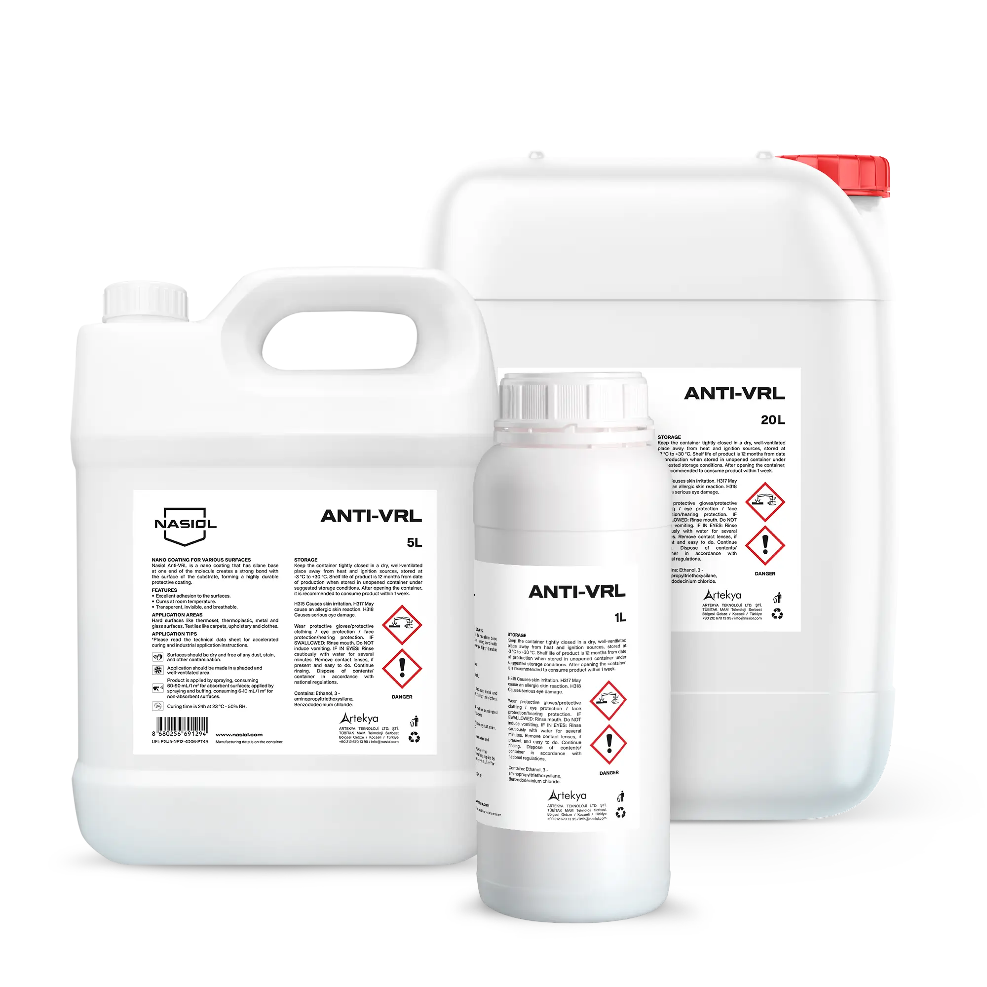 Close-up of white chemical containers with red cap, labeled ANTI-VLR/ANTI-VRL, including 5L and 20L units (brand NASIOL).