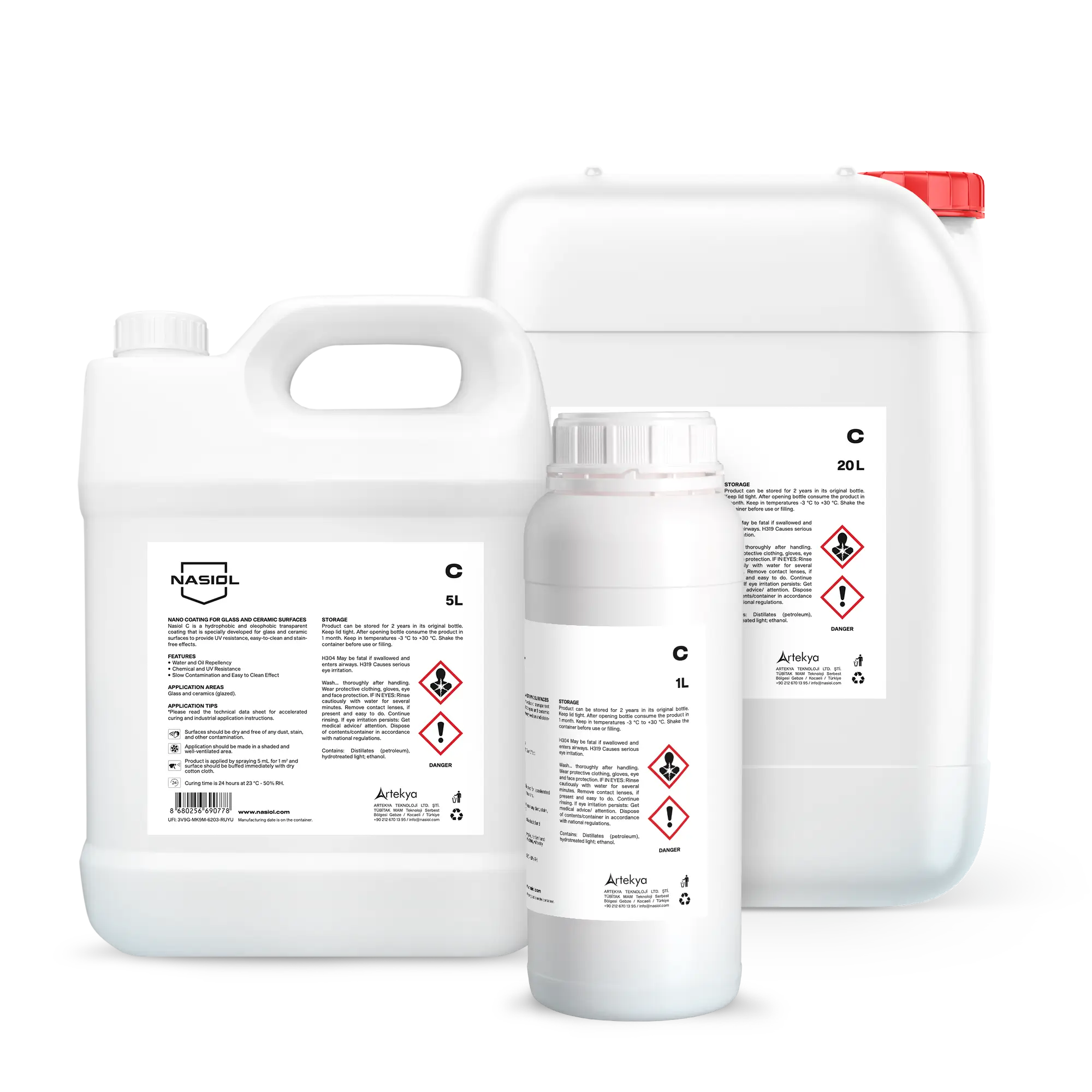 Group of white plastic chemical containers with red cap and hazard-labeled labels against a plain background