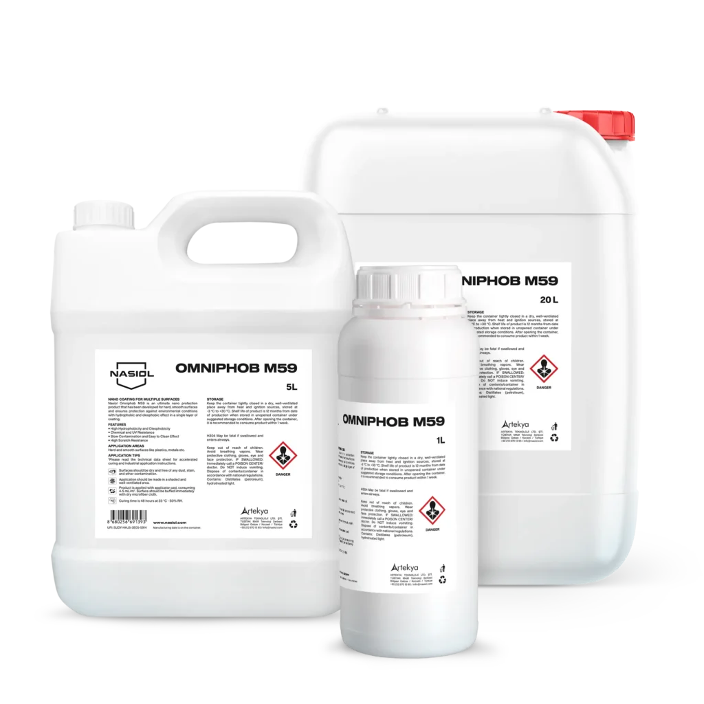 White plastic chemical containers with printed labels (OMNIPHOB M59) and a red cap visible on a white background, conveying hazardous material packaging.