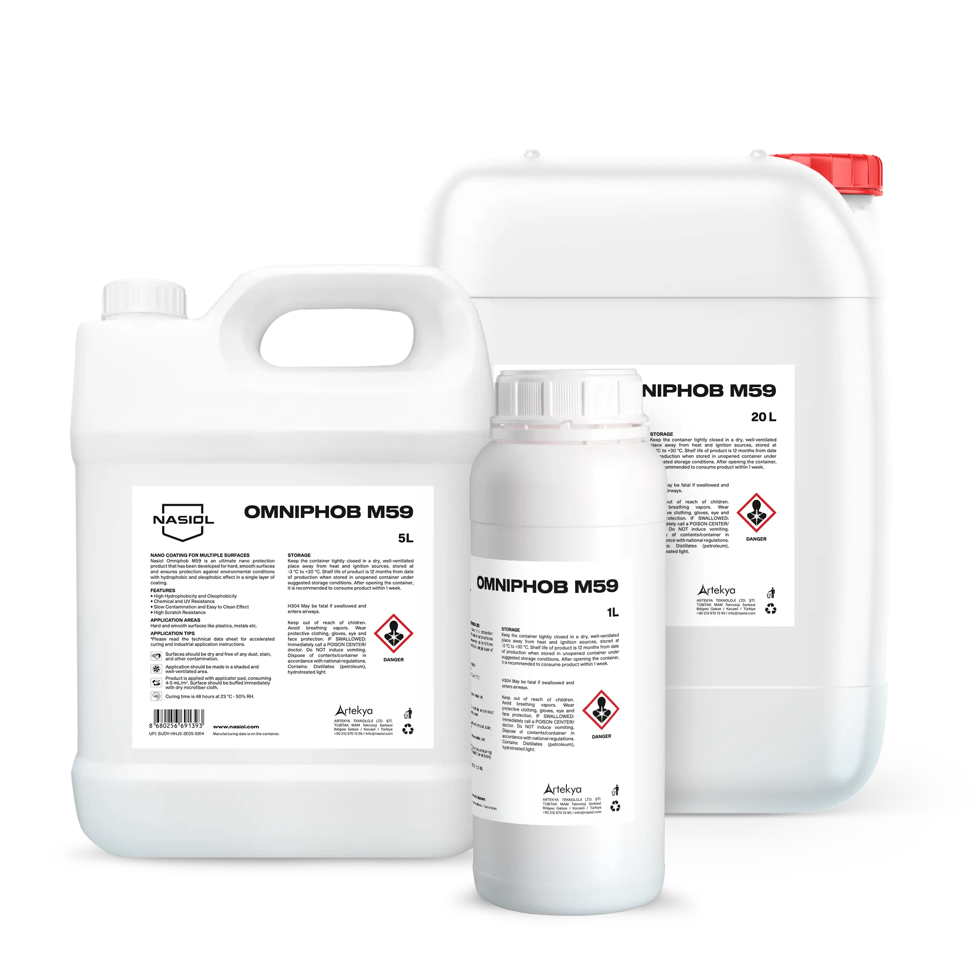 White plastic chemical containers with printed labels (OMNIPHOB M59) and a red cap visible on a white background, conveying hazardous material packaging.