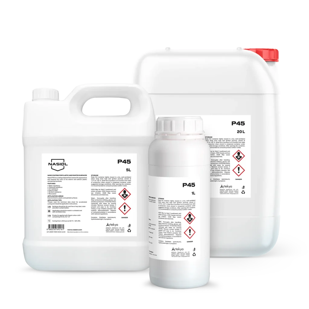 Close-up of white plastic chemical containers with red cap and printed hazard labels and symbols on the side.