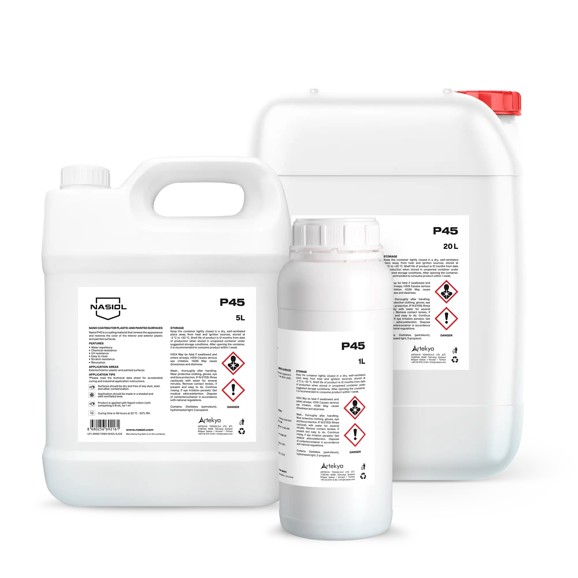 Close-up of white plastic chemical containers with red cap and printed hazard labels and symbols on the side.