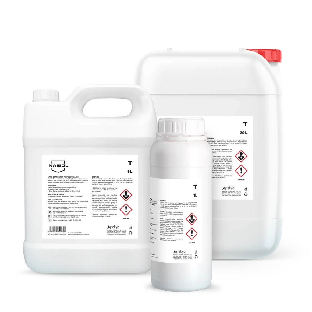 Cluster of white chemical containers with a red cap and hazard warning labels visible on the sides.