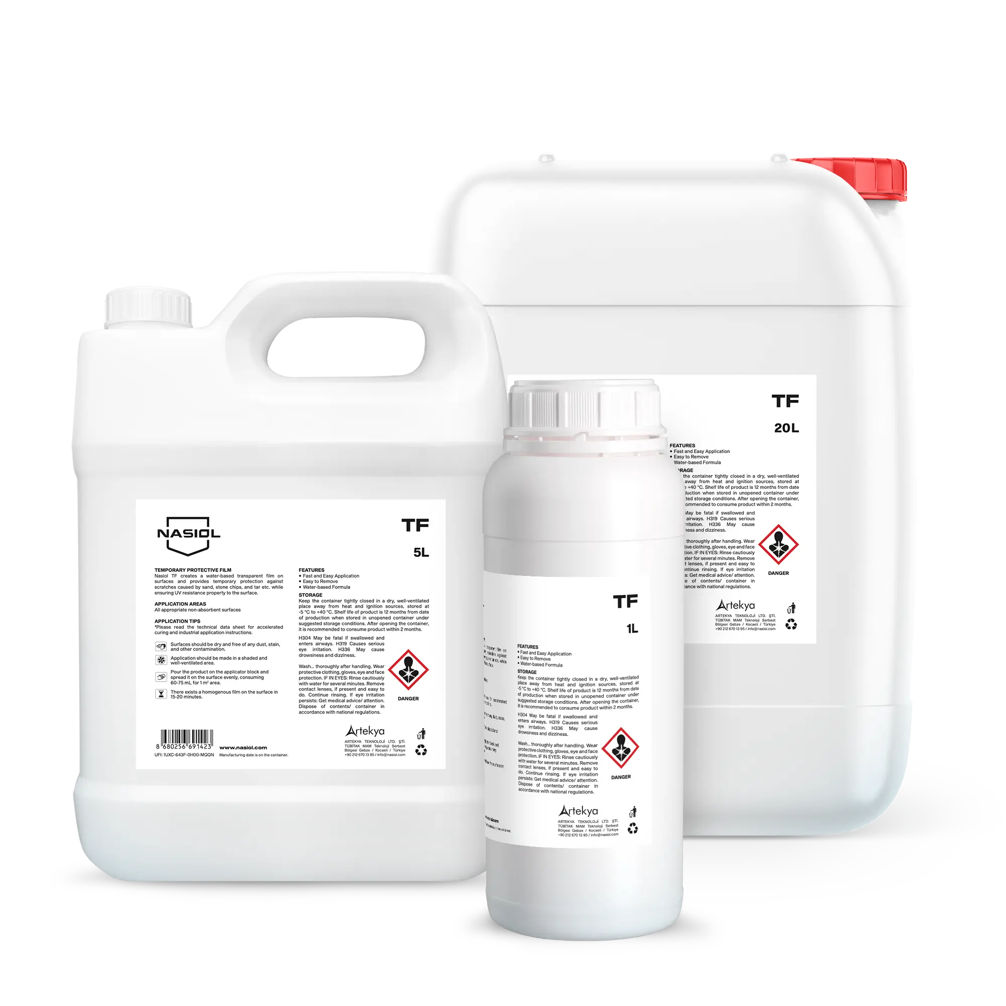 White plastic chemical containers with red cap and label visible, indicating large packaging for a product (storage/handling context)