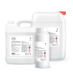 Three white plastic chemical containers of varying sizes, including a two-handled jug and a bottle with a red cap, with hazard warning labels visible on the front.