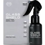Glass Shield nano rain repellent spray for car glass shown with its gray box and trigger spray bottle