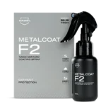Metalcoat F2 nano ceramic coating spray bottle beside its gray box, for car paint protection.