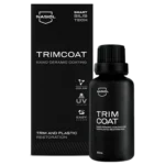 Nasiol Trim Coat nano ceramic coating bottle beside its black box, 30 mL, for car plastic restoration.